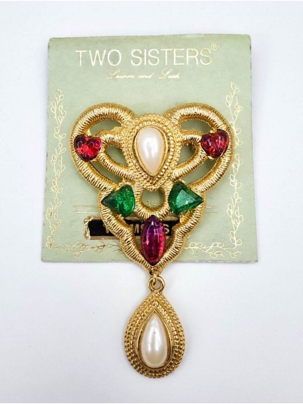 Vintage TWO SISTERS Gold Tone Heart Brooch Pin Pearl Rhinestones Dangle Pendant